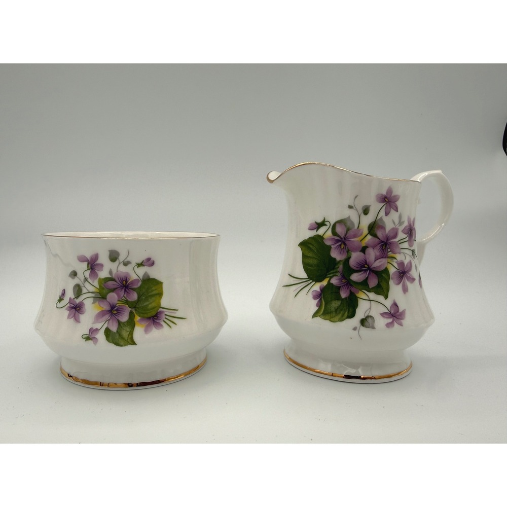 Royal Windsor Bone China England‎ Violets Creamer Sugar Bowl Gold Trim Vintage
